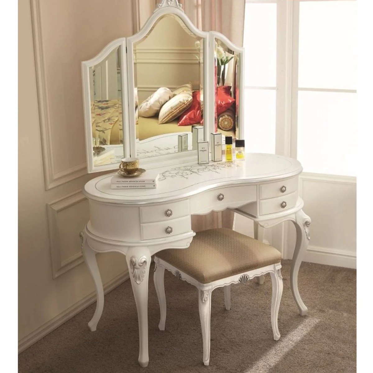 Luxus Barock Schminktisch Set Weiß / Silber / Braun - Made in Italy