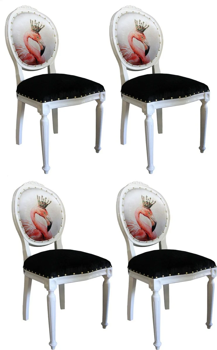 Luxus Barock Esszimmer Set Flamingo mit Krone Weiß / Schwarz / Mehrfarbig 48 x 50 x H. 98 cm - 4 handgefertigte Esszimmerstühle mit Bling Bling Glitzersteinen - Barock Esszimmermöbel