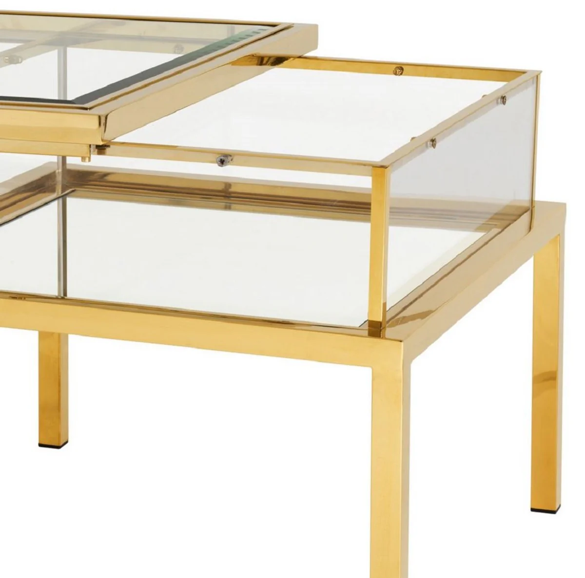 Luxus Beistelltisch Gold 65 x 65 x H. 55,5 cm - Quadratischer Edelstahl Beistelltisch mit Glasplatte - Vitrine