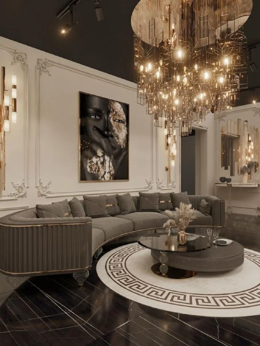 Luxus Art Deco 4er Sofa Dunkelgrau / Gold 400 cm