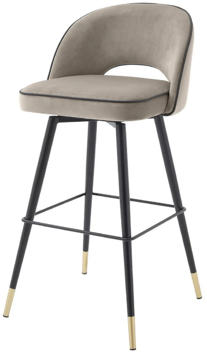 Luxus Barstuhl Set Greige / Schwarz / Messingfarben 51 x 52 x H. 103 cm - Barstühle mit drehbarer Sitzfläche und edlem Samtsoff - Luxus Bar Möbel