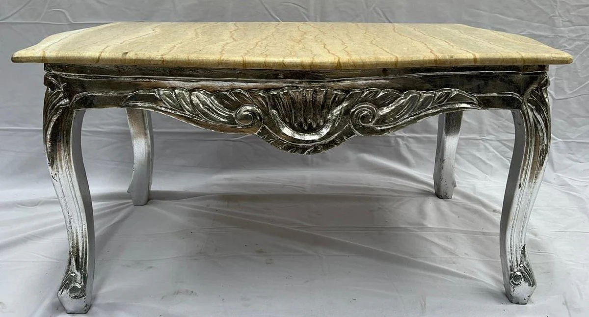 Barock Couchtisch Silber / Creme - Rechteckiger Massivholz Wohnzimmertisch mit Marmorplatte - Barockstil Wohnzimmer Möbel - Barock Möbel - Antik Stil Wohnzimmer Möbel