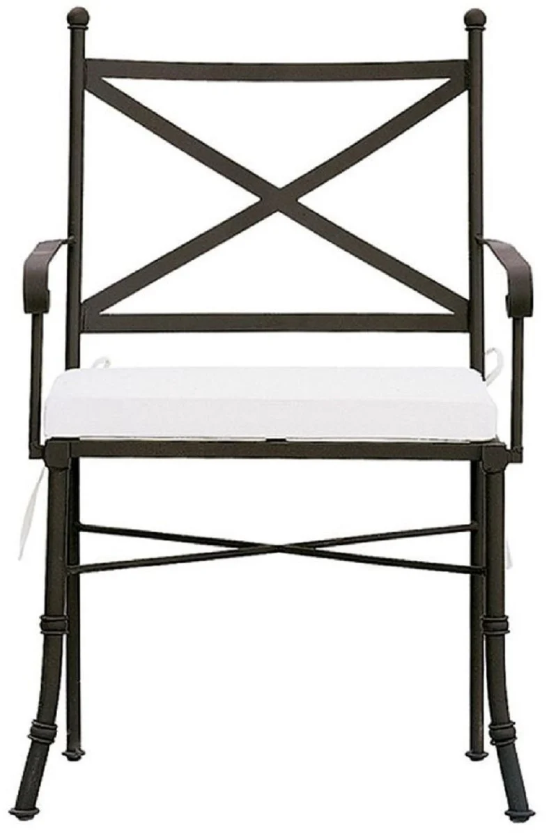 Luxus Jugendstil Gartenstuhl mit Armlehnen und Sitzkissen Braun / Weiß 61 x 51 x H. 97 cm - Handgeschmiedeter Esszimmer Stuhl - Esszimmer Garten Terrassen Möbel