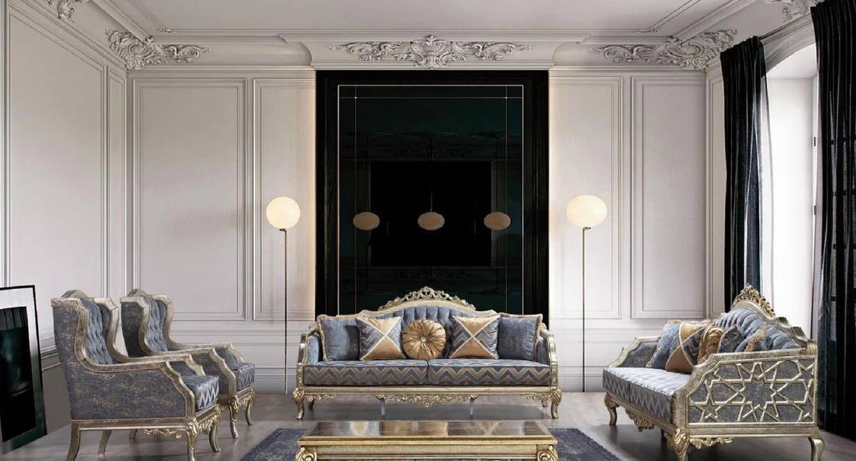 Luxus Barock Sofa Blau / Silber / Gold - Handgefertigtes Wohnzimmer Sofa im Barockstil - Barock Wohnzimmer Möbel - Edel & Prunkvoll