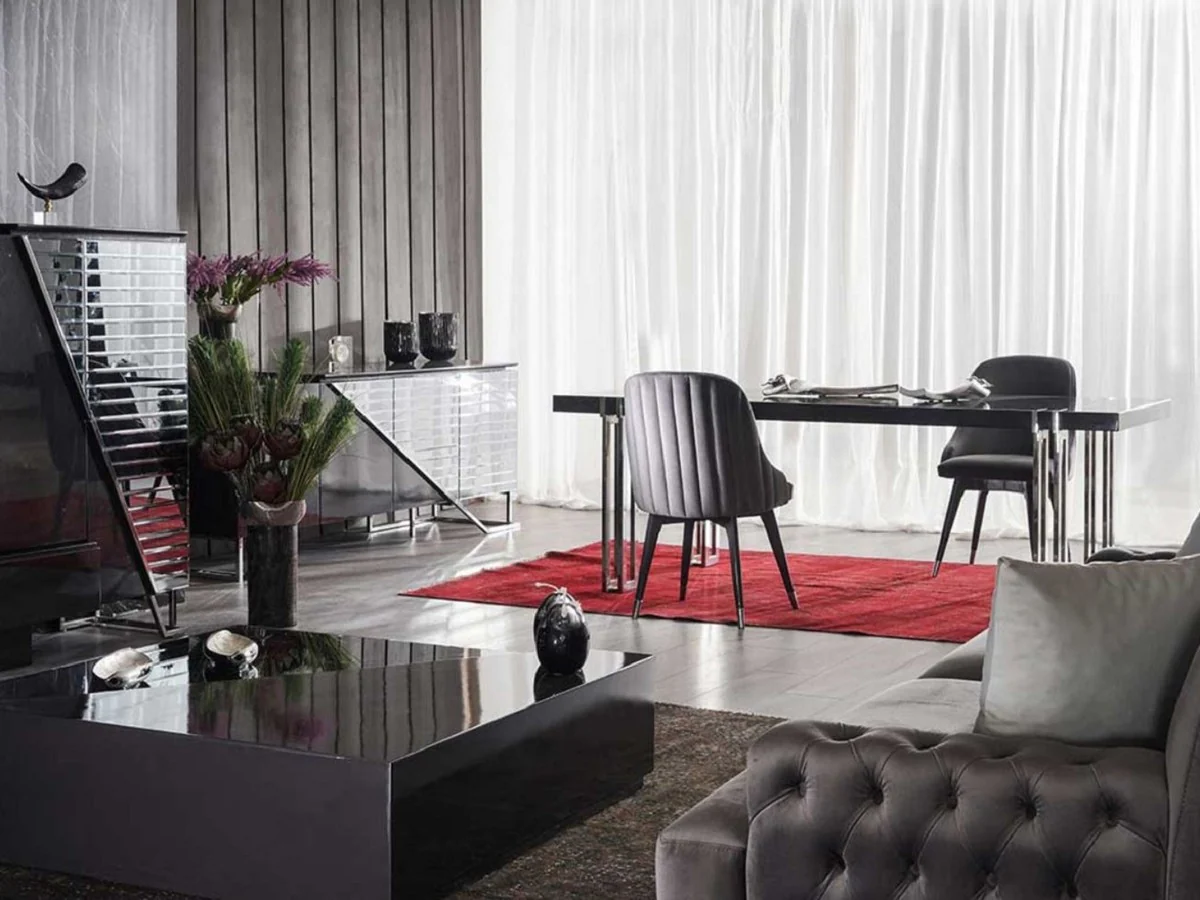 Luxus Esstisch Schwarz / Silber 220 x 100 x H. 77 cm - Rechteckiger Küchentisch mit Massivholz Tischplatte und Metallbeinen - Esszimmer Möbel - Küchen Möbel - Luxus Möbel