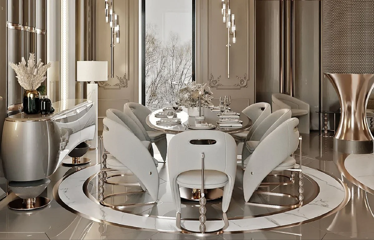 Luxus Esszimmer Set Grau / Dunkelgrau / Kupfer - 1 Luxus Esstisch & 8 Luxus Esszimmerstühle - Esszimmer Möbel - Luxus Möbel - Luxus Einrichtung