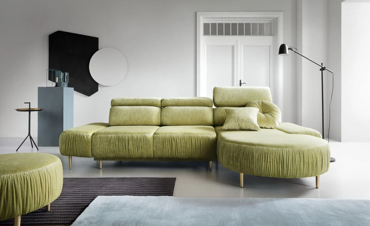 Luxus Ecksofa Grün / Messing 294 x 105-182 x H. 83-97 cm - Wohnzimmer Sofa mit 3 verstellbaren Kopfstützen und elektrisch verstellbarer Sitzfläche - Luxus Wohnzimmer Möbel