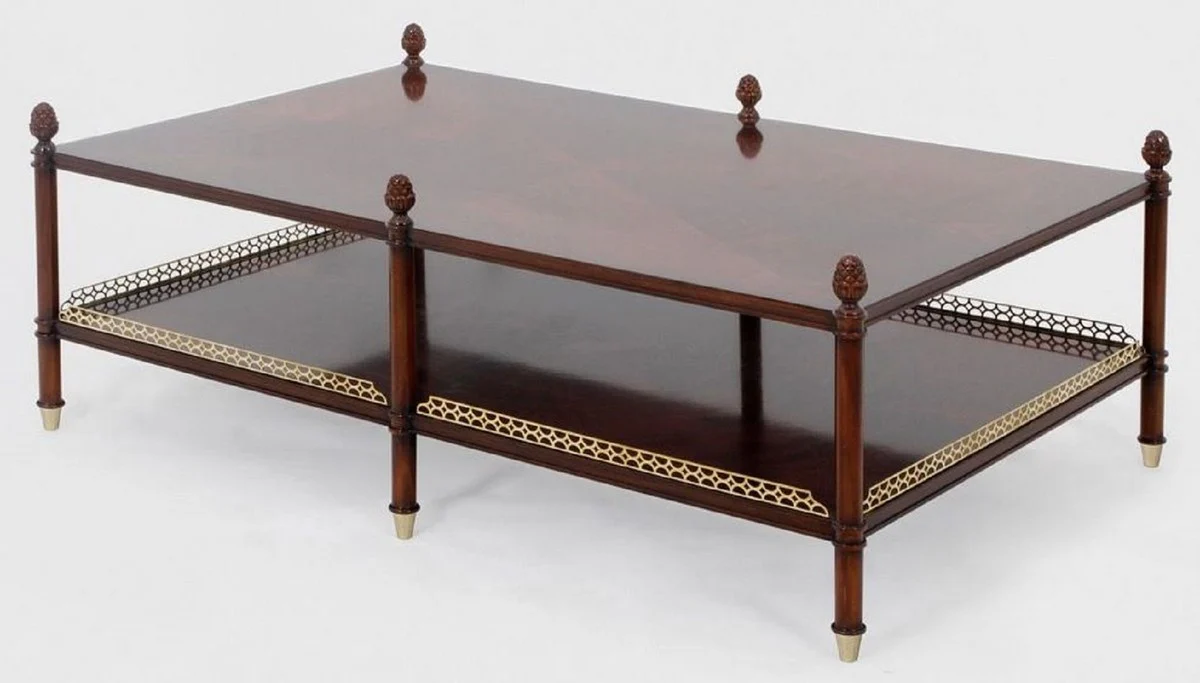 Luxus Jugendstil Couchtisch Braun / Gold / Messingfarben 129 x 81 x H. 48 cm - Edler Mahagoni Wohnzimmertisch - Wohnzimmer Möbel - Luxus Qualität