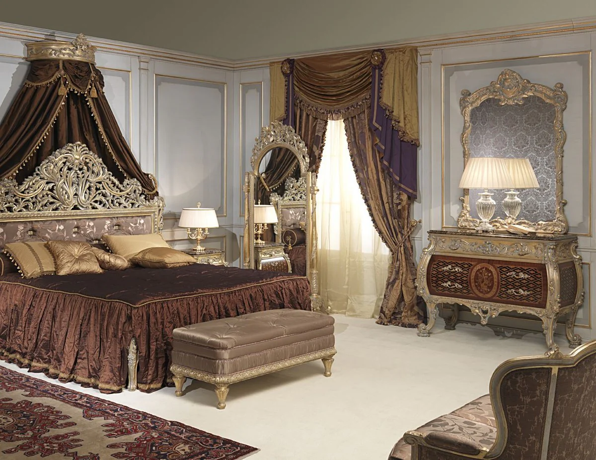 Luxus Barock Kommode mit Spiegel Braun / Schwarz / Gold - Barock Spiegelkommode - Prunkvolle Barock Möbel - Hotel Möbel - Schloss Möbel - Luxus Qualität - Made in Italy