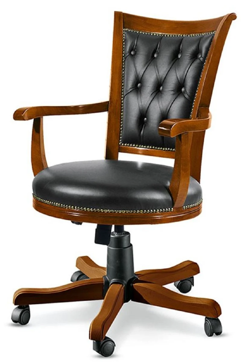 Luxus Chesterfield Bürostuhl Schwarz / Braun 59 x 60 x H. 100-110 cm - Höhenverstellbarer Schreibtischstuhl mit Echtleder - Büromöbel - Chesterfield Möbel - Echtleder Möbel