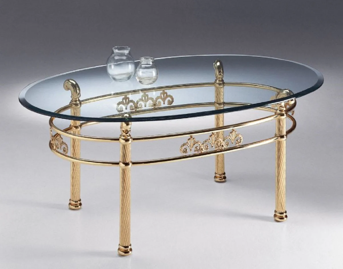 Luxus Messing Couchtisch 130 x 80 x H. 50 cm - Ovaler Messing Wohnzimmertisch mit Glasplatte - Wohnzimmer Möbel - Luxus Qualität - Made in Italy