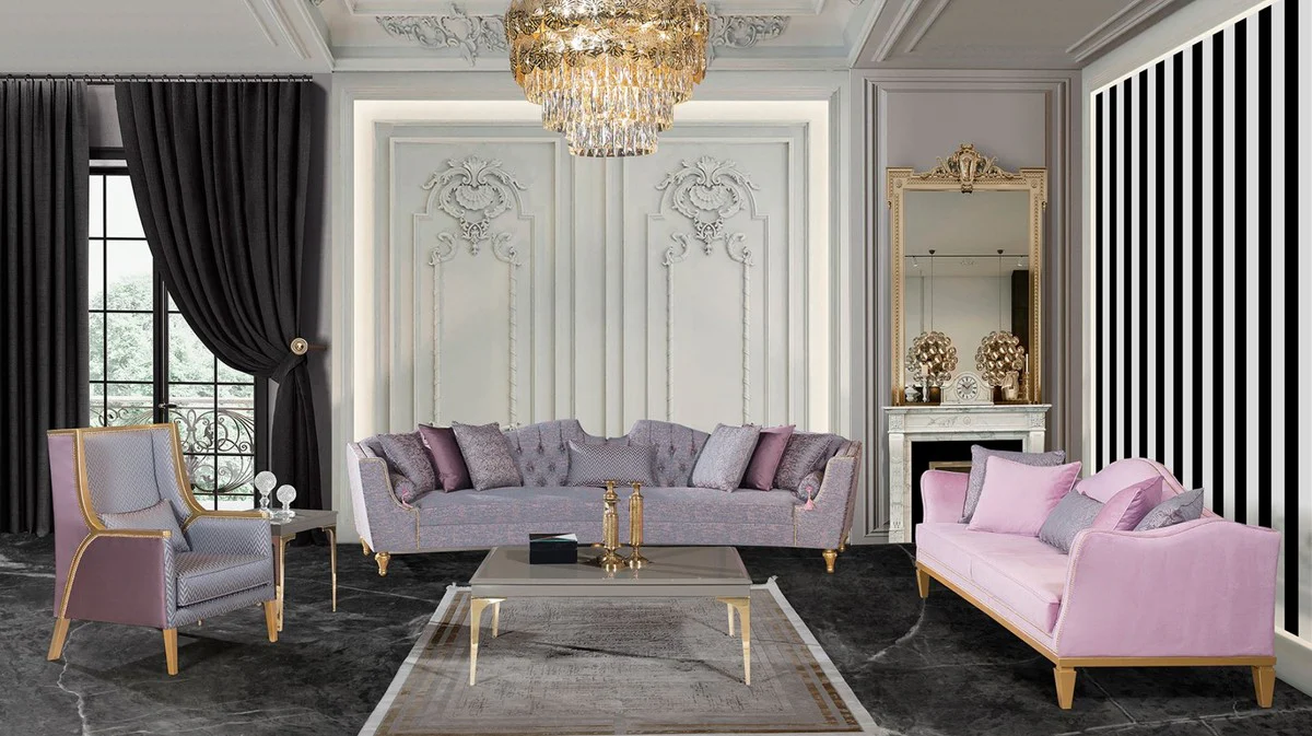 Luxus Barock Sofa Rosa / Silber / Gold - Gebogenes Wohnzimmer Sofa - Hotel Sofa - Luxus Barock Wohnzimmer & Hotel Möbel - Edel & Prunkvoll