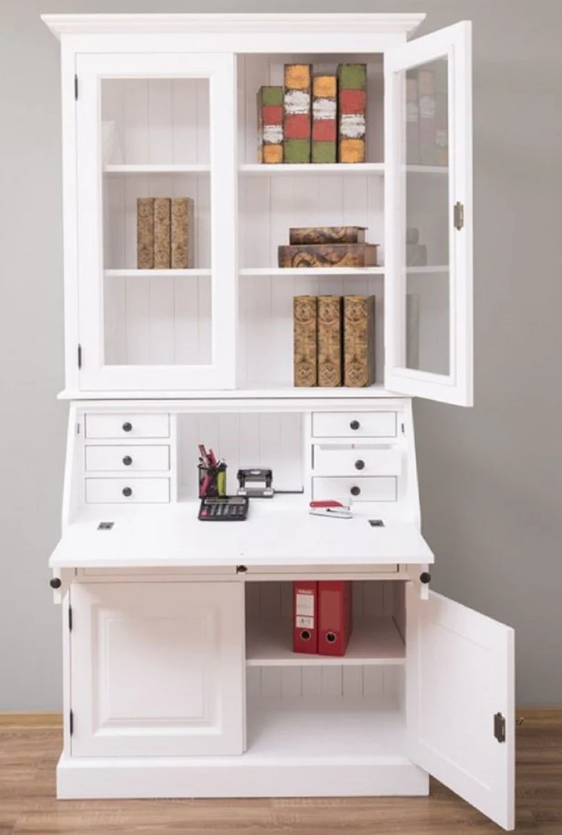 Landhausstil Büroschrank Weiß 110 x 49 x H. 219 cm - Massivholz Schrank - Bücherschrank - Regalschrank - Wohnzimmerschrank - Landhausstil Möbel