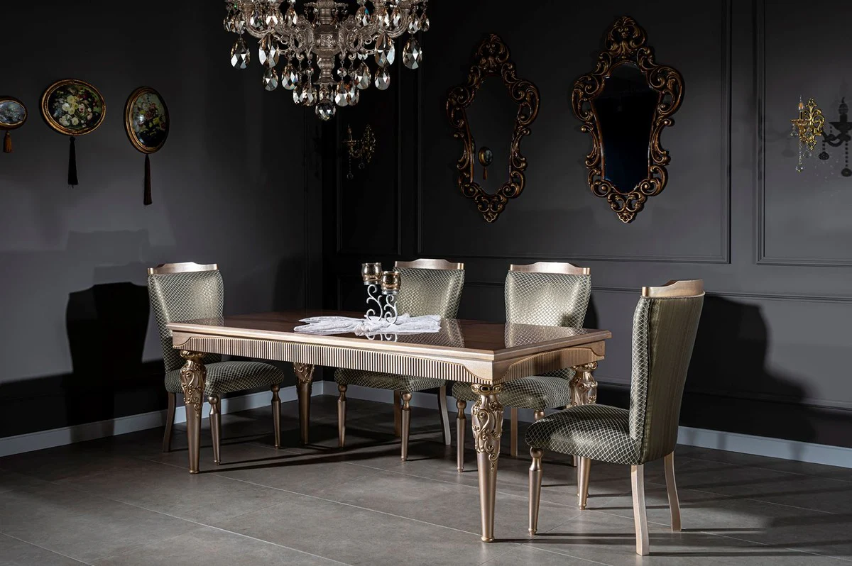 Luxus Barock Esstisch Braun / Silber / Kupfer / Gold 202 x 102 x H. 79 cm - Massivholz Küchentisch - Esszimmertisch - Esszimmer Möbel im Barockstil