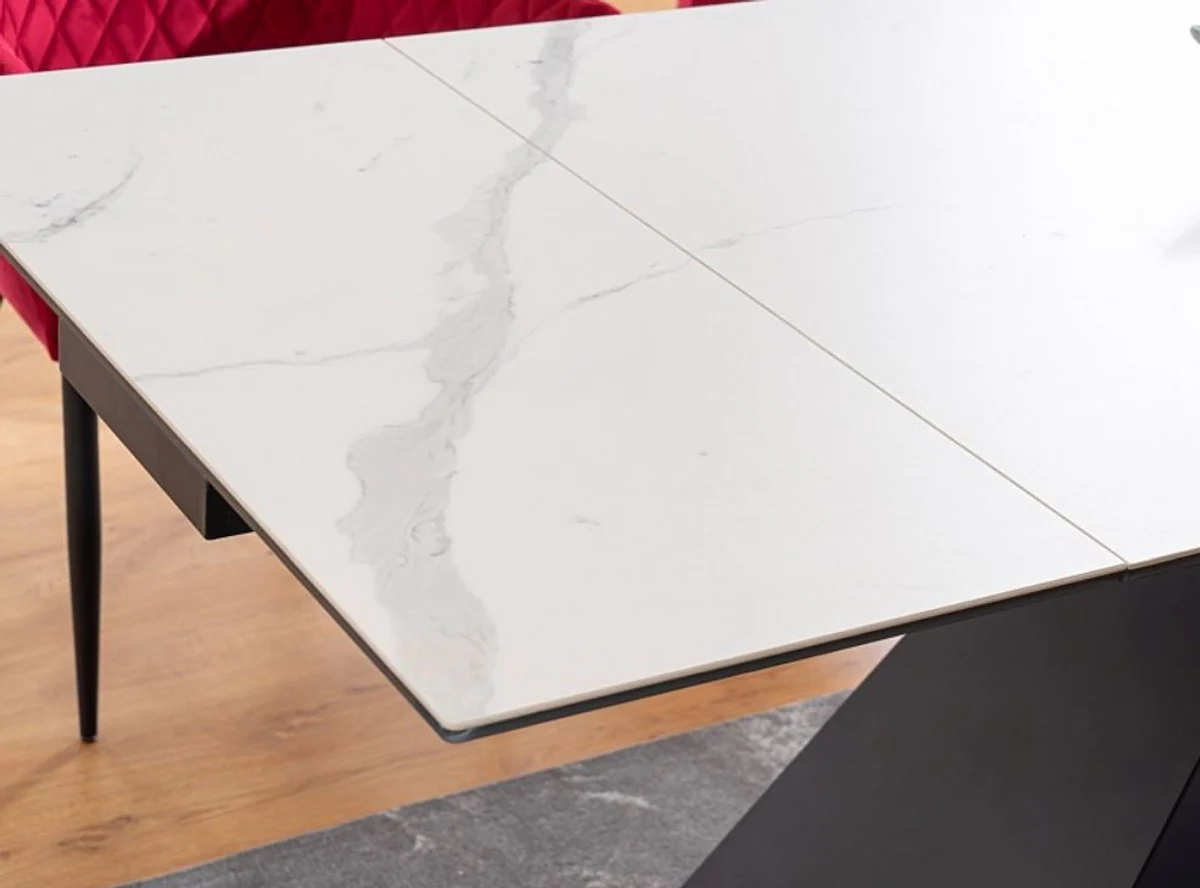 Designer Esstisch Weiß / Matt Schwarz 160-240 x 90 x H. 76 cm - Ausziehbarer Esszimmertisch mit Tischplatte in Marmoroptik - Esszimmer Möbel