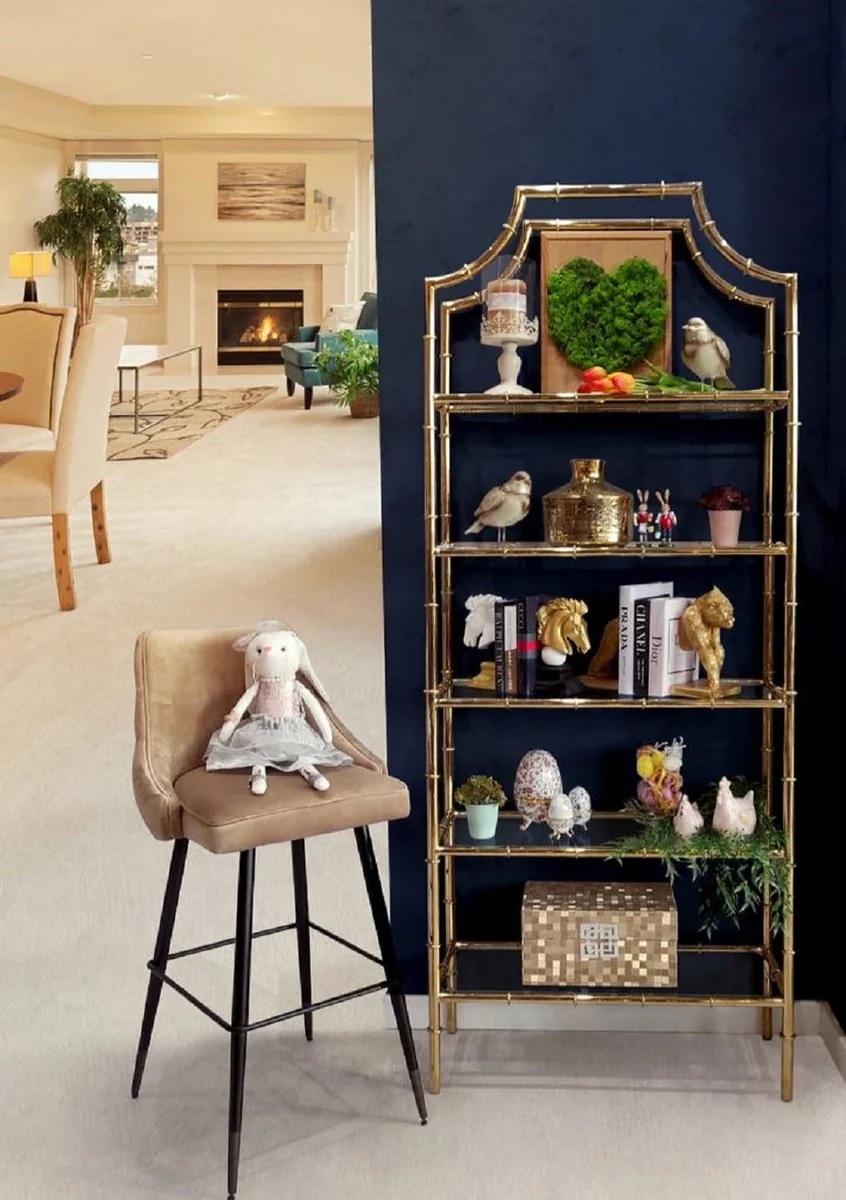 Luxus Regalschrank Gold 78 x 33 x H. 197 cm - Edelstahl Schrank mit 5 Glasregalen - Luxus Wohnzimmer Möbel