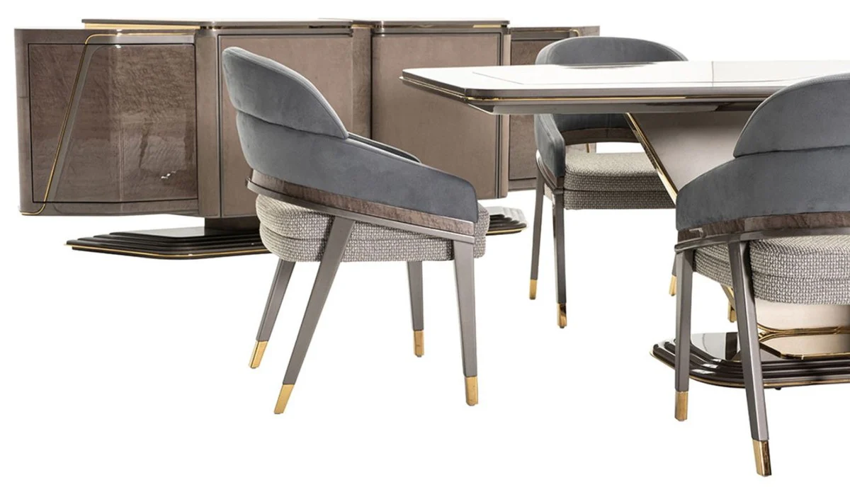 Luxus Esszimmer Set Blau / Grau / Gold - 1 Luxus Esstisch & 6 Luxus Esszimmerstühle - Esszimmer Möbel - Luxus Möbel - Luxus Einrichtung