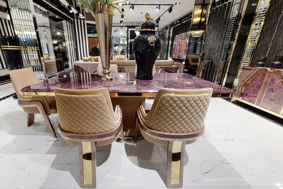 Luxus Art Deco Esstisch Lila / Beige / Gold - Handgefertigter Massivholz Küchentisch mit Tischplatte in Marmoroptik - Art Deco Esszimmer Möbel