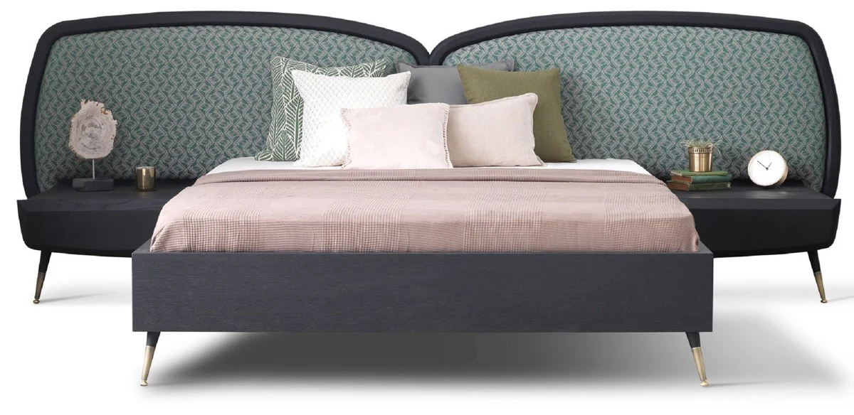 Luxus Schlafzimmer Set Grün / Schwarz / Antik Messing - 1 Doppelbett mit Kopfteil & 2 Nachtkommoden - Luxus Schlafzimmer Möbel - Luxus Schlafzimmer Einrichtung