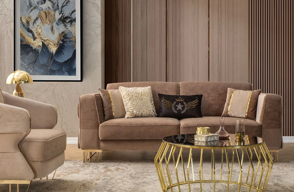 Luxus Sofa Braun / Gold 230 x 90 x H. 77 cm - Wohnzimmer Sofa - Hotel Sofa - Wohnzimmer Möbel - Hotel Möbel - Luxus Möbel - Wohnzimmer Einrichtung - Luxus Einrichtung