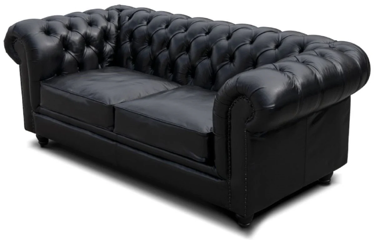 Luxus Chesterfield Leder Sofa Vintage Schwarz 200 x 100 x H. 80 cm - Echtleder Wohnzimmer Sofa - Wohnzimmer Möbel - Chesterfield Möbel - Luxus Möbel - Luxus Wohnzimmer Einrichtung