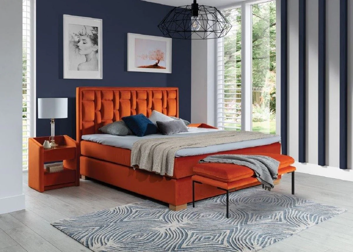 Luxus Doppelbett Orange / Naturfarben - Verschiedene Größen - Modernes Massivholz Bett mit Kopfteil - Moderne Schlafzimmer Möbel - Luxus Kollektion