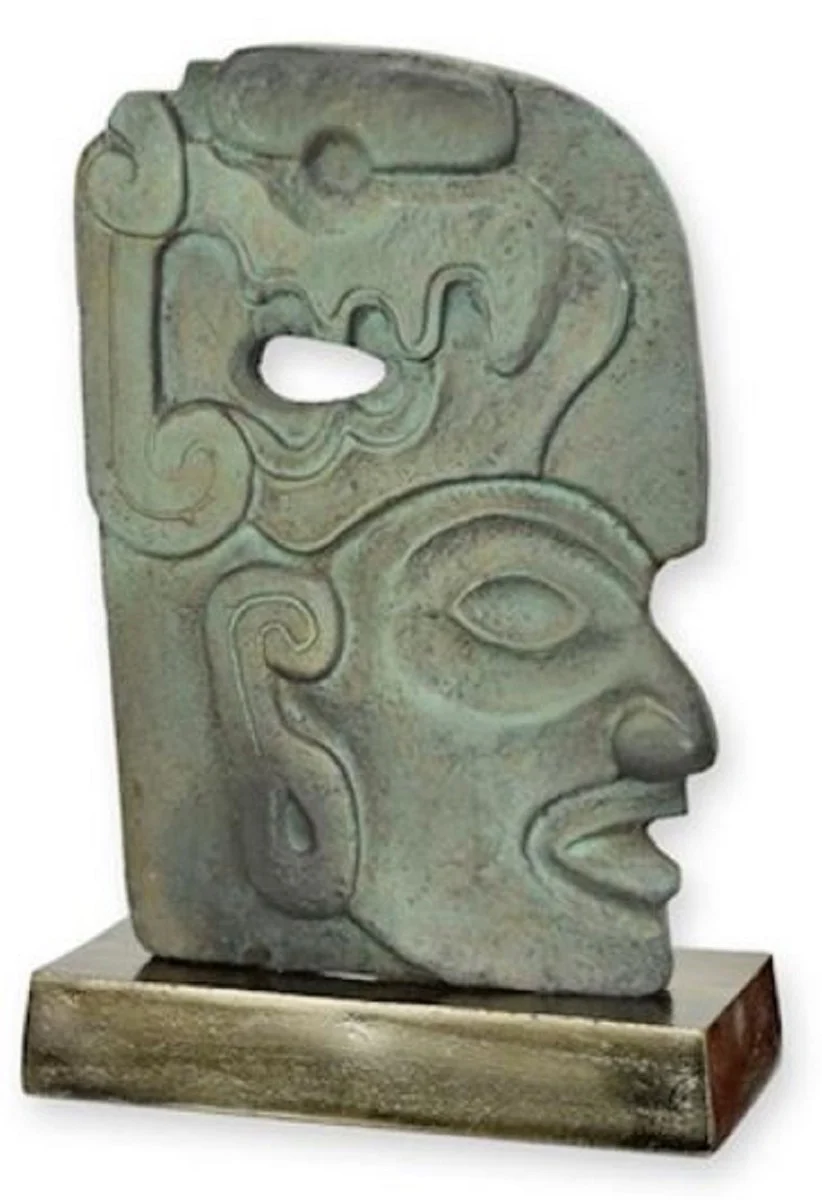 Luxus Aluminium Deko Skulptur Maya Gesicht Antik Mintgrün / Grau / Gold 24 x 10,4 x H. 35,4 cm - Aluminium Deko Figur - Wohnzimmer Deko - Schreibtisch Deko