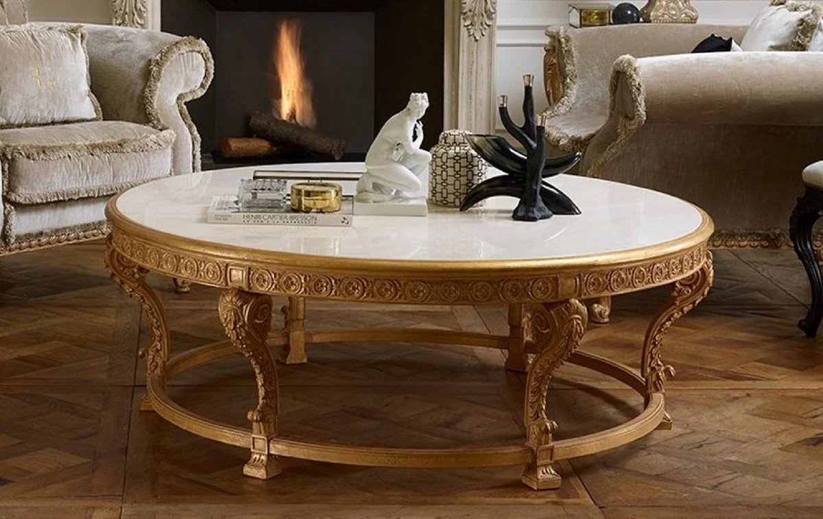 Luxus Barock Couchtisch mit Marmorplatte Naturfarben / Weiß - Runder Wohnzimmertisch im Barockstil - Barock Möbel - Barock Interior - Edel & Prunkvoll - Luxus Qualität - Made in Italy