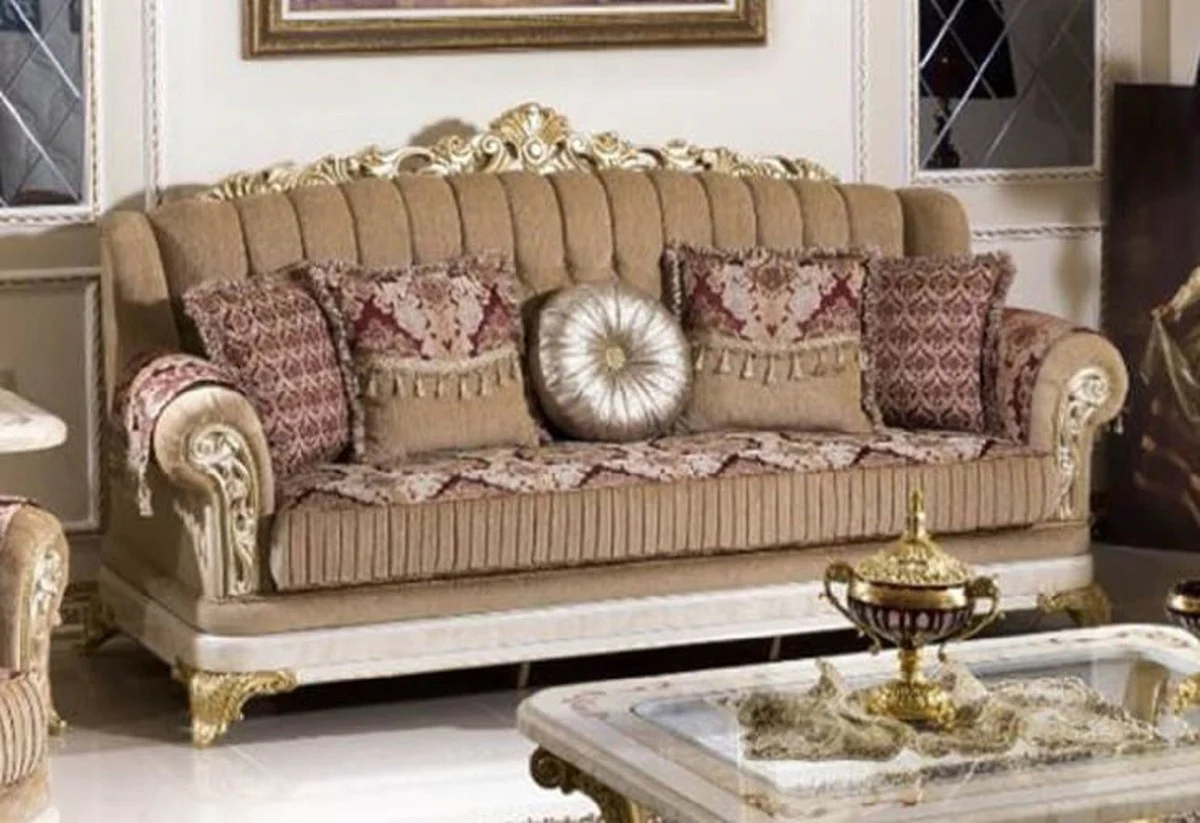 Luxus Barock Sofa Braun / Bordeauxrot / Weiß / Gold - Prunkvolles Wohnzimmer Sofa mit elegantem Muster - Luxus Wohnzimmer Möbel im Barockstil - Barock Möbel - Barock Einrichtung