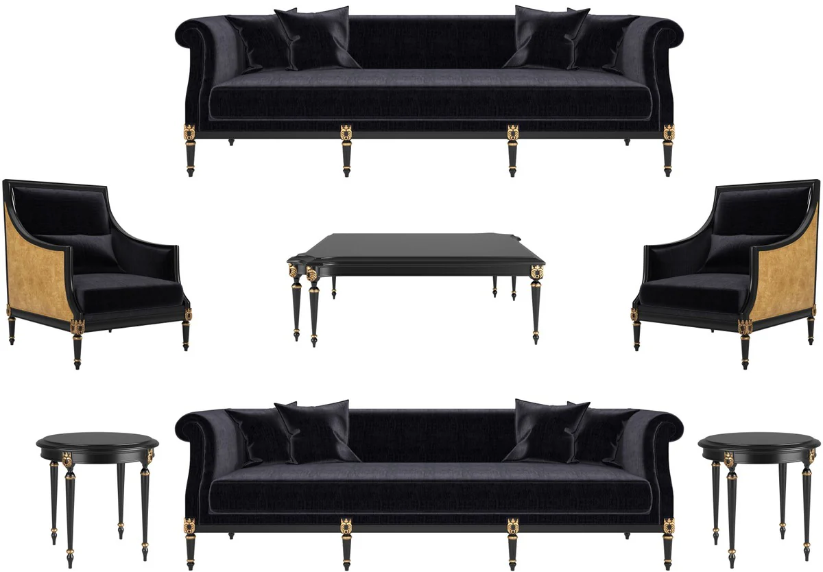 Luxus Barock Wohnzimmer Set Schwarz / Gold / Antik Gold - 2 Sofas & 2 Sessel & 1 Couchtisch & 2 Beistelltische - Möbel im Barockstil - Edle Barock Wohnzimmer Möbel