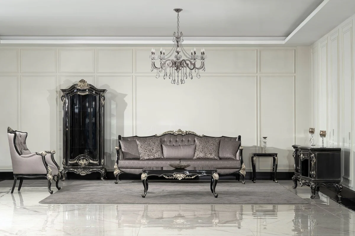 Luxus Barock Wohnzimmer Sofa Silber / Schwarz / Silber - Prunkvolles Barockstil Sofa mit dekorativen Kissen - Luxus Wohnzimmer Möbel im Barockstil - Barock Möbel