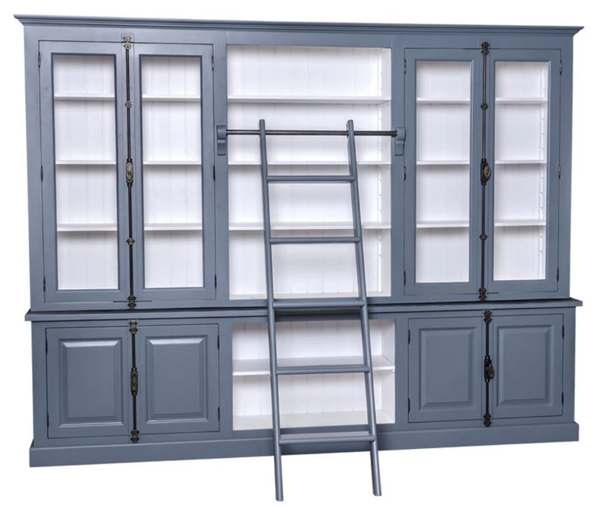 Landhausstil Bücherschrank mit Leiter Blau / Weiß 300 x 50 x H. 230 cm - Landhausstil Möbel