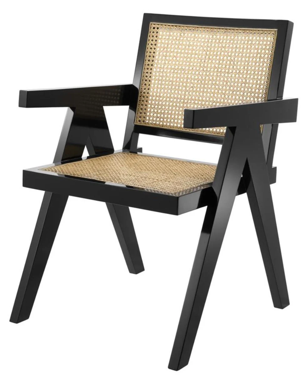 Luxus Esszimmerstuhl mit Armlehnen Schwarz / Naturfarben 58 x 66 x H. 88 cm - Luxus Kollektion
