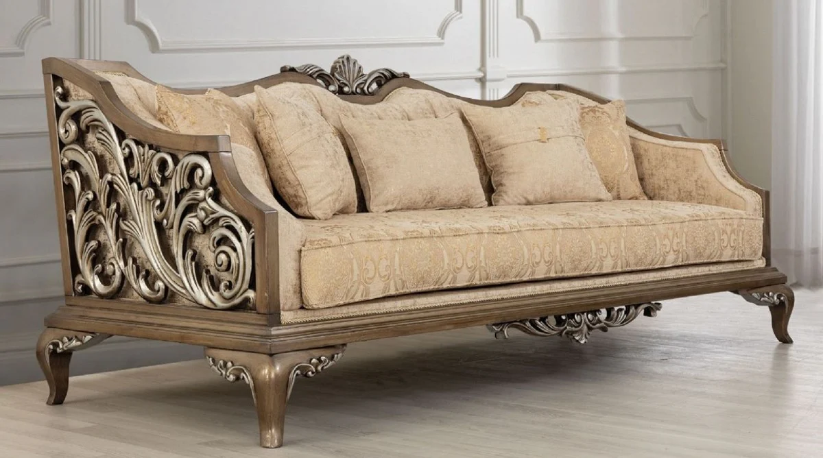Luxus Barock Sofa Beige / Gold / Braun / Silber - Wohnzimmer Sofa im Barockstil - Barock Wohnzimmer Möbel - Edel & Prunkvoll