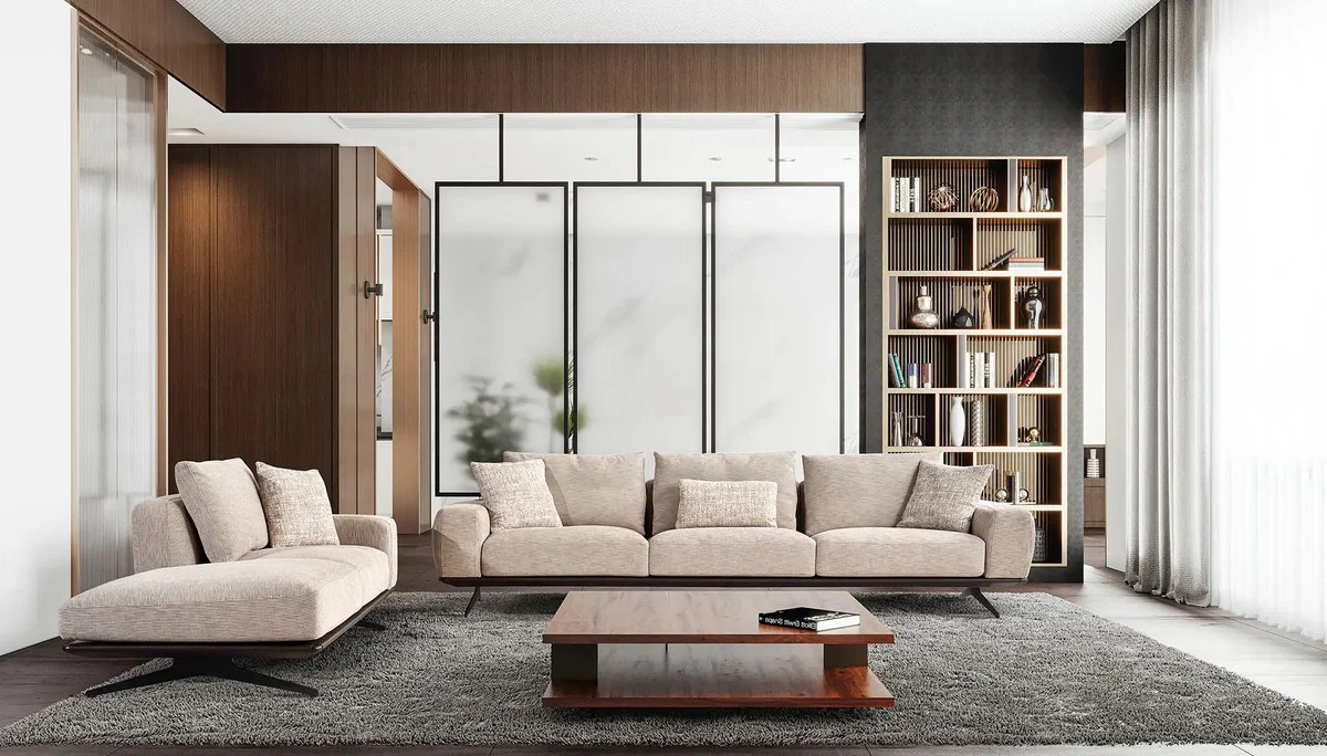 Luxus Sofa Beige / Dunkelbraun 320 x 100 x H. 70 cm - Wohnzimmer Sofa - Hotel Sofa - Wohnzimmer Möbel - Hotel Möbel - Luxus Möbel - Luxus Einrichtung - Wohnzimmer Einrichtung