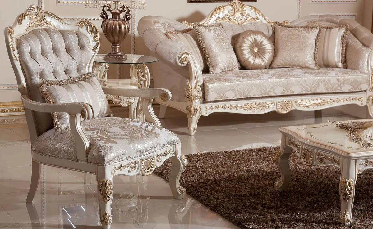 Luxus Barock Wohnzimmer Set Grau / Silber / Weiß / Gold - 2 Barock Sofas & 2 Barock Sessel & 1 Barock Couchtisch - Wohnzimmer Möbel im Barockstil - Barock Möbel - Barock Einrichtung