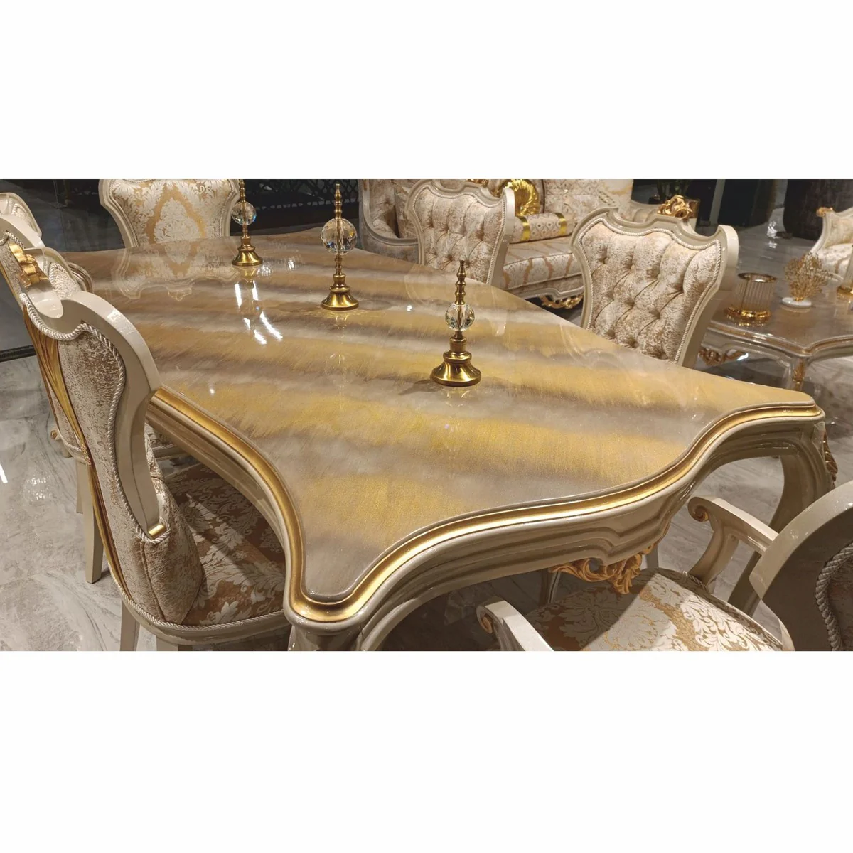 Luxus Barock Esszimmer Set Gold / Grau - 1 Barock Esstisch & 6 Barock Esszimmerstühle