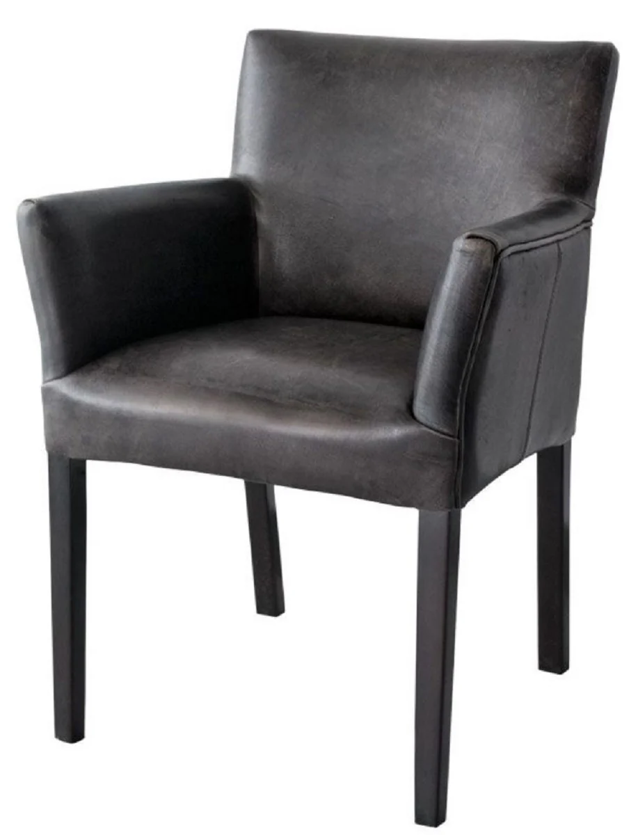 Luxus Leder Esszimmerstuhl Vintage Schwarz / Schwarz 64 x 61 x H. 85 cm - Echtleder Küchenstuhl mit Armlehnen - Esszimmer Möbel