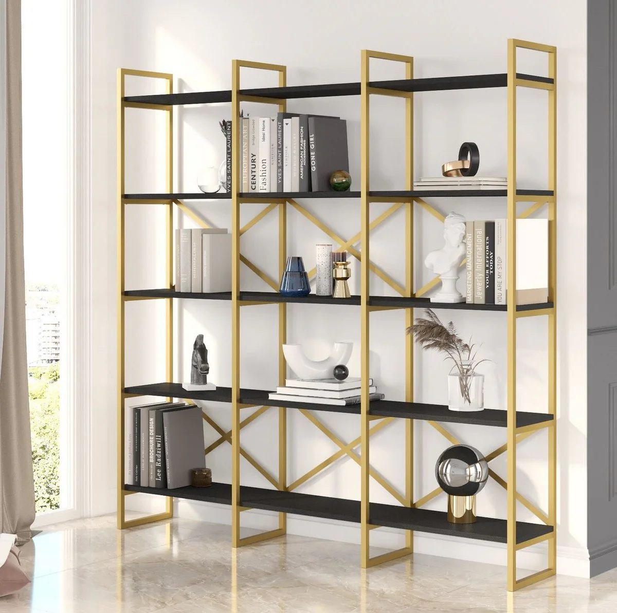 Luxus Regalschrank mit Massivholz Regalen Gold / Schwarz 170 x 30 x H. 175 cm - Bücherschrank - Wohnzimmer Schrank - Büro Schrank - Wohnzimmer Möbel - Büro Möbel - Luxus Möbel
