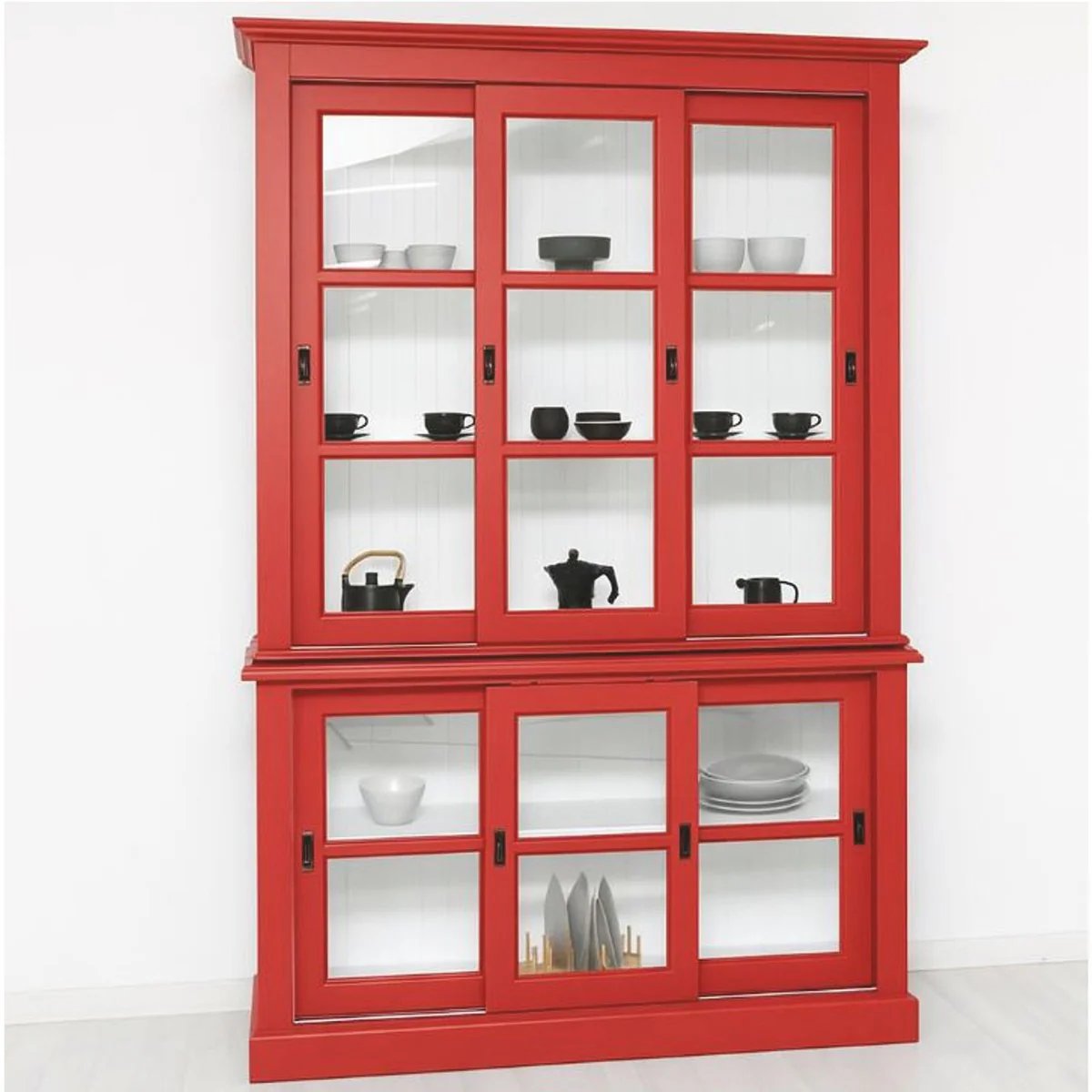 Landhausstil Vitrine mit 6 Schiebetüren Rot / Weiß 151 x 47 x H. 220 cm