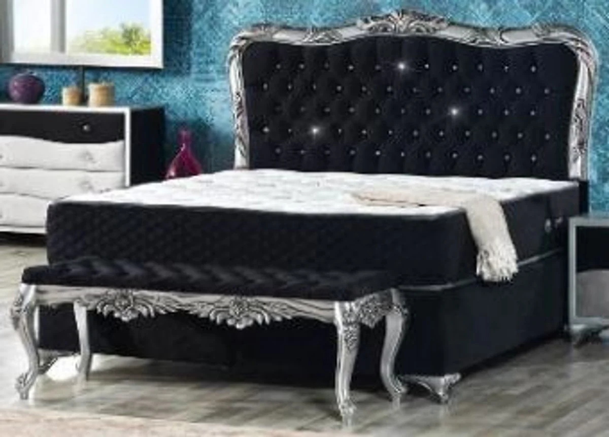 Barock Samt Bett Schwarz / Silber - Prunkvolles Doppelbett mit Glitzersteinen und Matratze - Barock Schlafzimmer Möbel