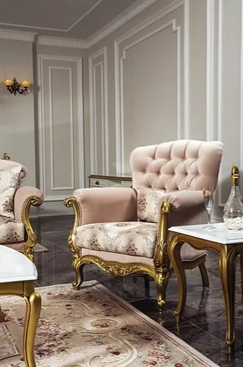 Luxus Barock Wohnzimmer Set Rosa / Weiß / Gold - 2 Sofas & 2 Sessel & 1 Couchtisch & 2 Beistelltische - Wohnzimmer Möbel im Barockstil - Edel & Prunkvoll