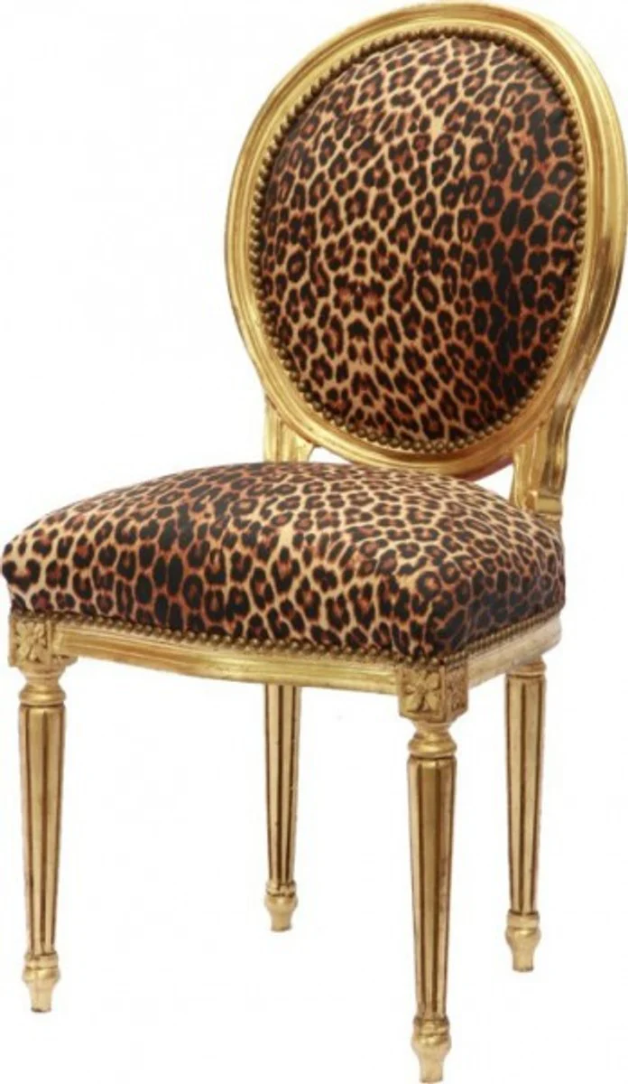 Barock Esszimmer Stuhl Leopard / Gold Rund