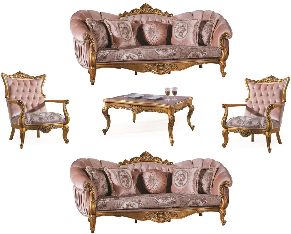 Luxus Barock Wohnzimmer Set Rosa / Gold - 2 Sofas & 2 Sessel & 1 Couchtisch - Wohnzimmer Möbel - Edel & Prunkvoll