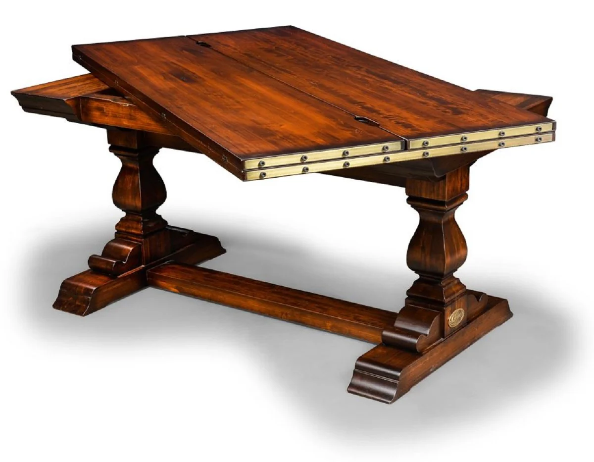 Luxus Vintage Stil Esstisch Braun / Messing 180 x 85 x H. 78 cm - Rechteckiger Massivholz Esszimmertisch mit ausklappbarer Tischplatte - Esszimmer Möbel - Luxus Vintage Stil Möbel