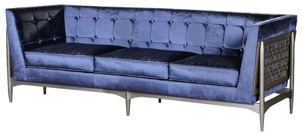 Luxus Art Deco 3er Sofa Blau / Grau 250 x 76 x H. 83 cm - Edles Samt Sofa mit Mahagoni Rahmen - Art Deco Wohnzimmer Möbel