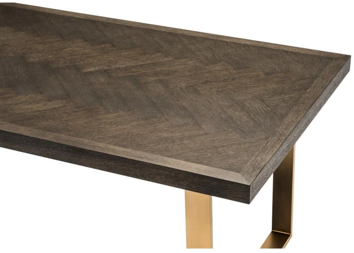 Luxus Edelstahl Esstisch mit Eichenfurnier Tischplatte Dunkelbraun / Messing 230 x 100 x H. 75,5 cm - Luxus Qualität