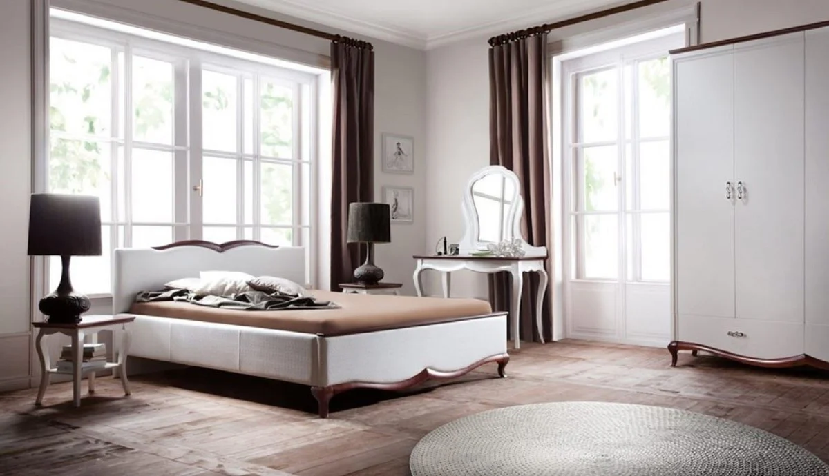 Luxus Jugendstil Schlafzimmerschrank Hochglanz Weiß / Braun 204,4 x 62,5 x H. 209,5 cm - Massivholz Kleiderschrank mit 4 Türen und 2 Schubladen - Schlafzimmer Möbel