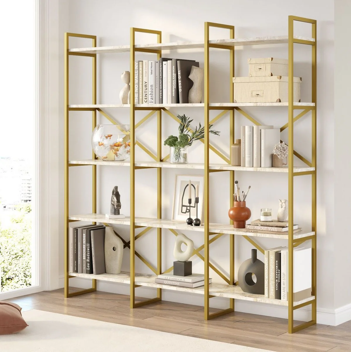 Luxus Regalschrank mit Marmor Regalen Gold / Weiß 170 x 30 x H. 175 cm - Bücherschrank - Wohnzimmer Schrank - Büro Schrank - Wohnzimmer Möbel - Büro Möbel - Luxus Möbel