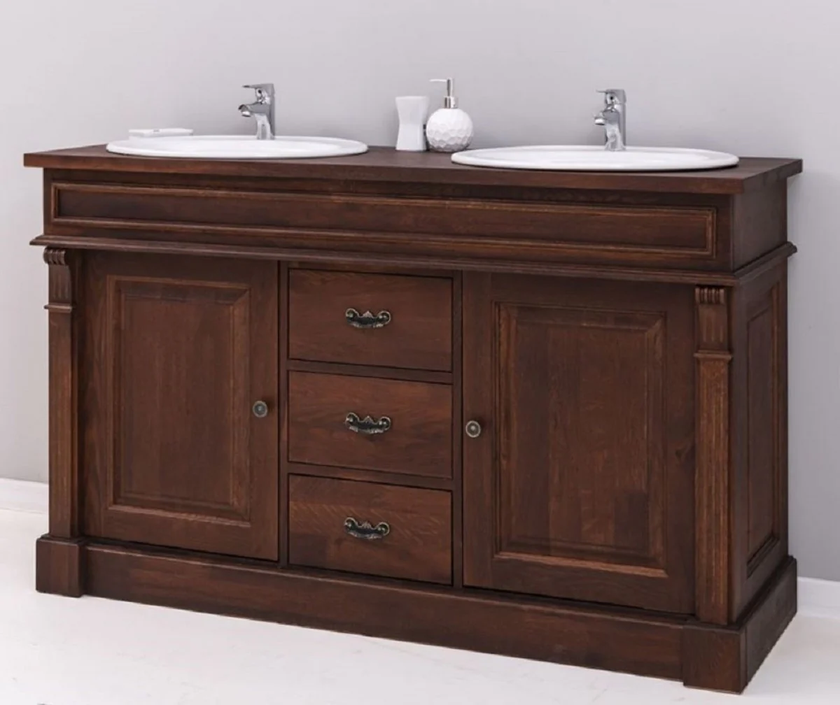 Landhausstil Doppel Waschbeckenschrank mit 2 Keramik Waschbecken Dunkelbraun / Weiß 150 x 51 x H. 91 cm - Massivholz Badezimmer Möbel im Landhausstil - Landhausstil Möbel